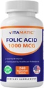 Vitamatická kyselina listová 1000 mcg (1 mg) - Vegetariánské tablety - 1667 mcg DFE - Vitamin B9 (240 Počet balení po 1)