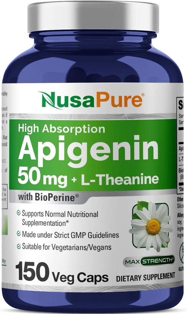 NusaPure Apigenin 50mg & L- Theanine 200mg, 150 Veggie Kapsle, Bioperin (Non- GMO, gluten zdarma)