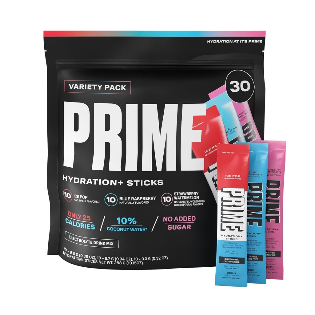 PRIME HYDRATION + Sticks Variety Pack 124; Hydration Powder Single Serve Sticks 124; Electrolyte Powder On The Go Sugar 124; Low Sugar Sugar 124; Caffeine- Free Caffeine- 124; Vegan Powers 124; 30 Sticks