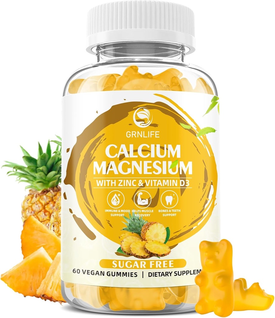 Zinkové gumy vápníku s vitaminem D3, bezcukerné vápníkové gumy pro ženy, vysoce potentní hořčíkové gumy pro kosti a svalovina a imunitní zdraví, ananasová vůně - 60 Počet