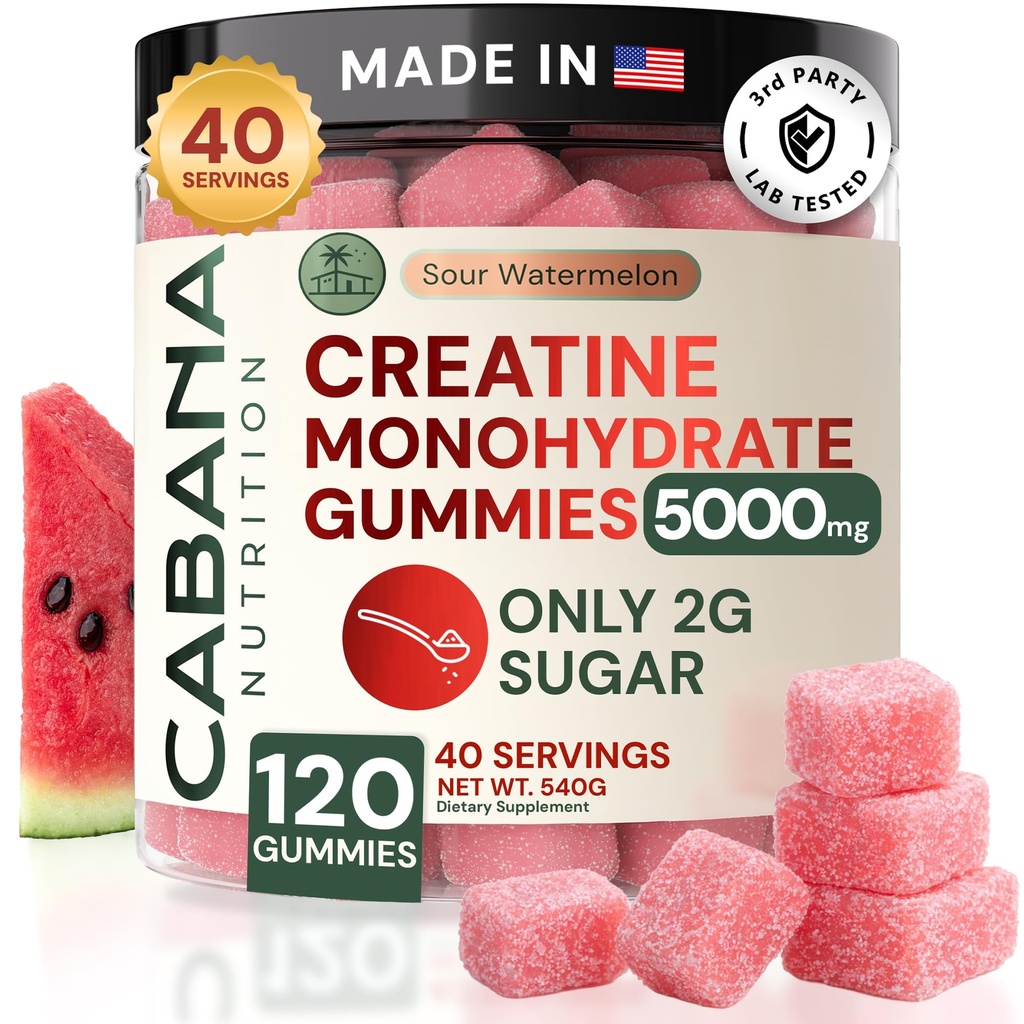 Kreatin Monohydrát Gummies 5g - Pouze 2g cukru, Made in USA - Sour Watermeloun Flavor - Vegan & 3. strana Testováno - Pre & Post Workout Dodatek pro ženy a muže (120 Počet, 40 Služení)