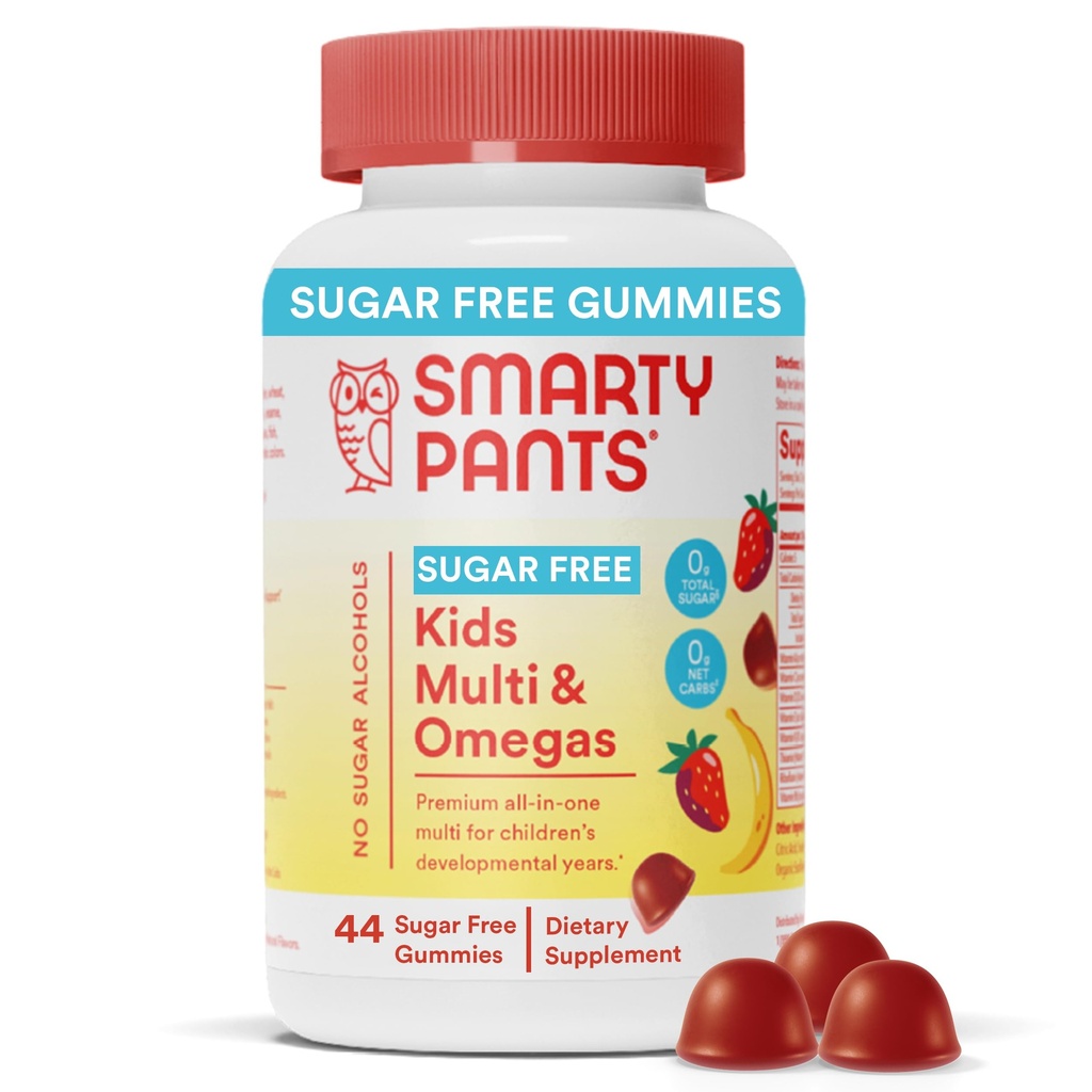 SmartyPants Kids Multivitamin Gummies, Sugar Free: Omega 3 (ALA), Vitamin D3, C, Vitamin B12, B6, A, K & Zink pro imunitní podporu, Biotin, Erythritol Free, Jahodová banán, 44 Počet (22 Day Supply)