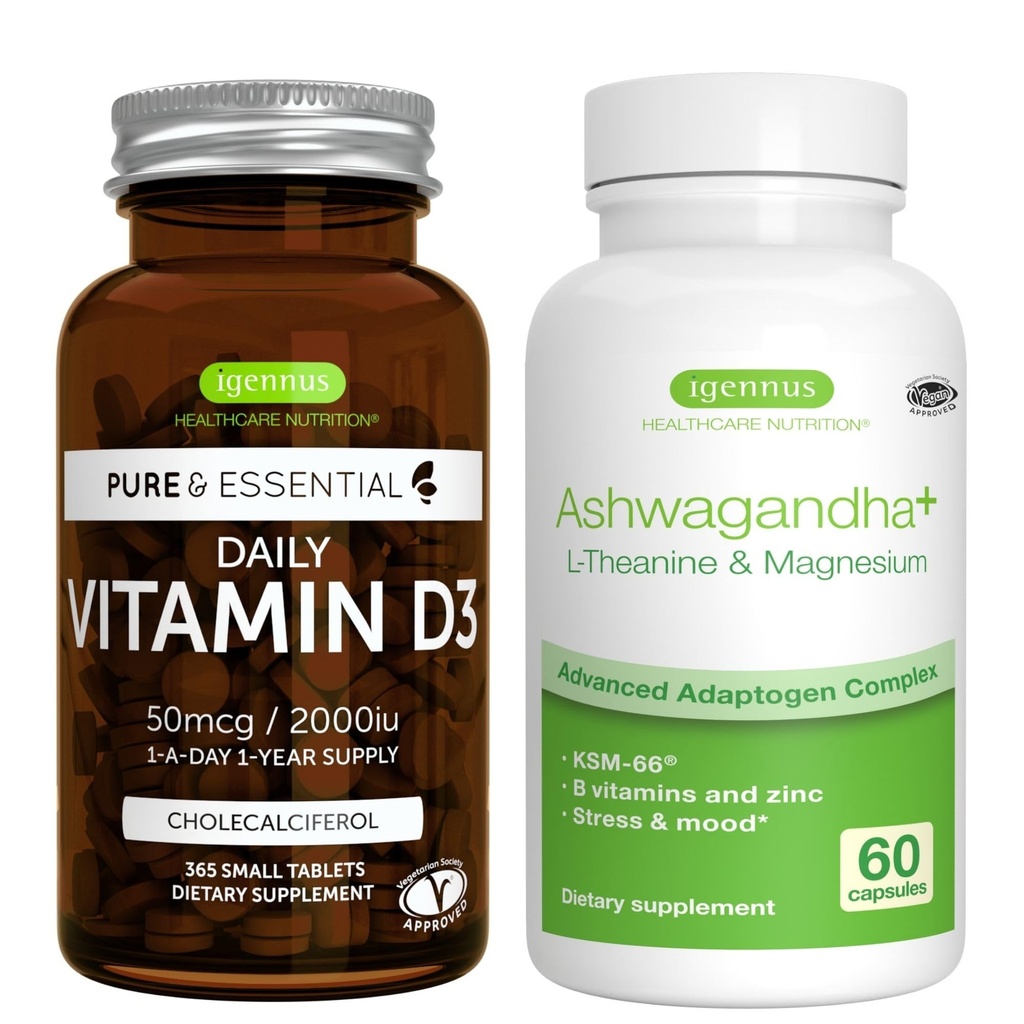Denní Vitamin D3 + Ashwagandha + L- Theanine & Magnesium Vegetarian Bundle, 365 2000iu Vitamin D3 Tablety + 600 mg KSM- 66 Ashwagandha s zinek & B Vitamíny, od Igennus