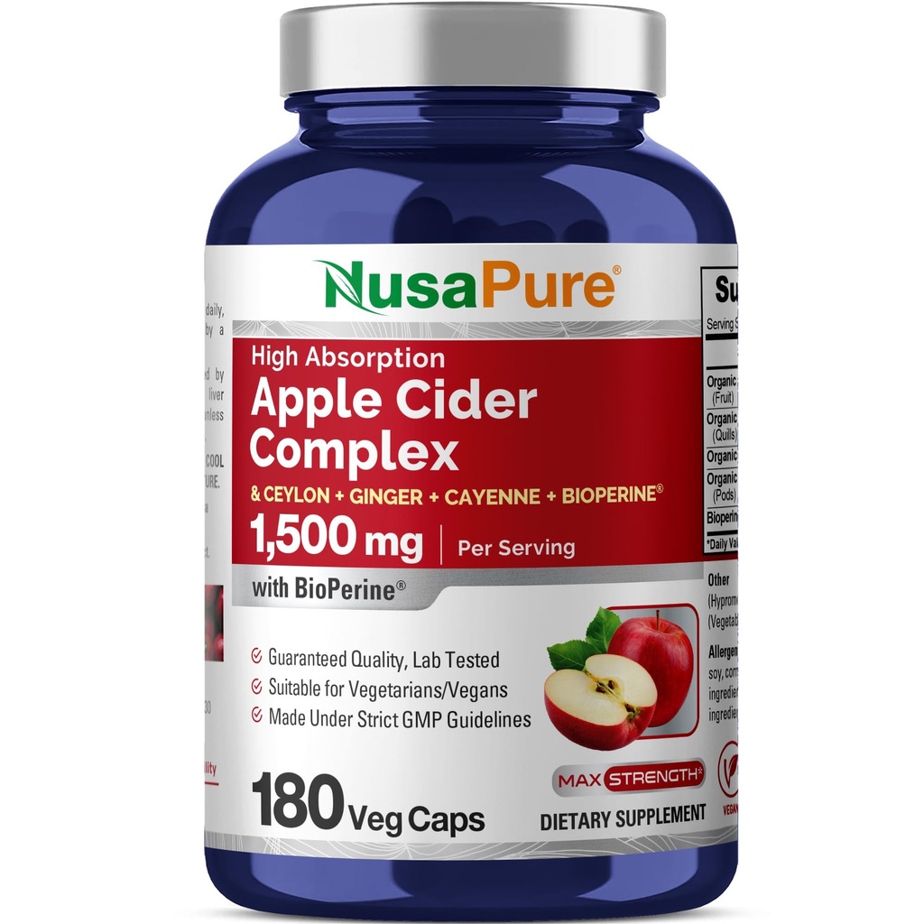 NusaPure Apple Cider Ocet Komplex 1500 mg 180 Veg Caps vhodné pro vegetariány a vegany, Non- GMO