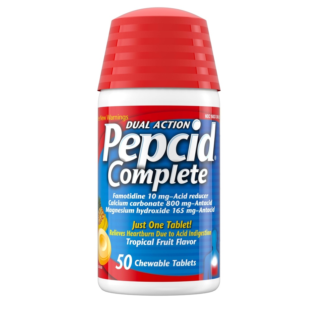 Pepcid Complete Acid Reducer + Antacid for Acid Reflux, 10mg Famotidin, 800mg uhličitan vápenatý & 165mg Hydroxid hořečnatý per Heartburn Tablet, Antacid Chews, Tropical Fruit, 50 ct