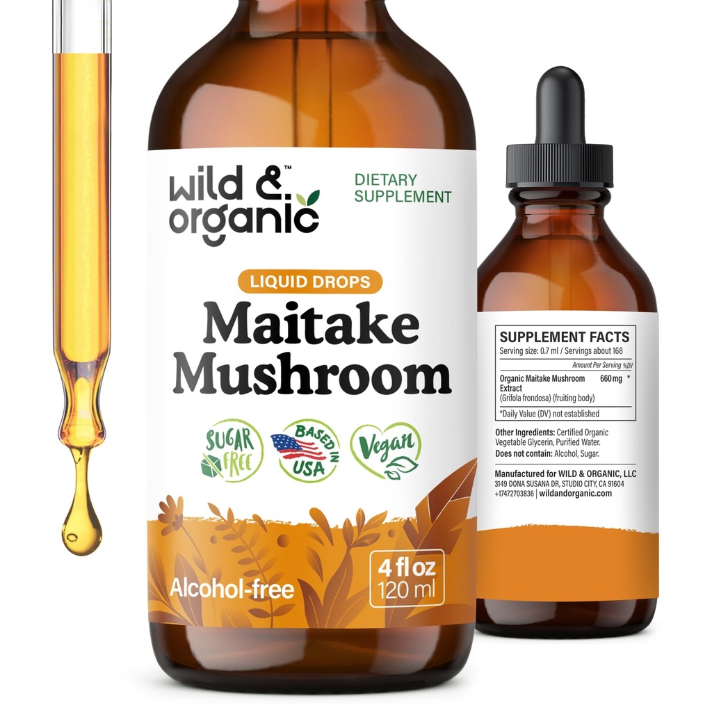 Wild & Organic Maitake Houba Tinktura - Imunitní Supplement - Liquid Maitake Houba Extract - Vegan, Cukr & Alcohol- Free Drops - 4 fl oz