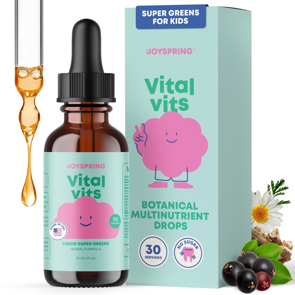 JoySpring Vital Vits - Kids Liquid Multivitamin - 1 fl oz (30 Služeb) 124; Herbal Liquid Vitamíny pro děti 124; Natural Flavor IR 124; Toddler Multivitamin s Elderberry, Spirulina, a více