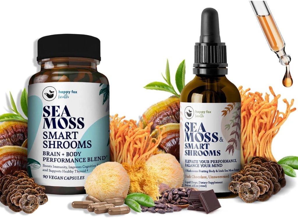 Brain Superfoods Bundle - Organic Sea Moss & Smart Shrooms, Kapsle a Liquid Drops Bundle, Organic Irish Seamoss a 7 Adaptogenní doplňky pro paměť a soustředění. Kapalné kapky v čokoládové příchutí