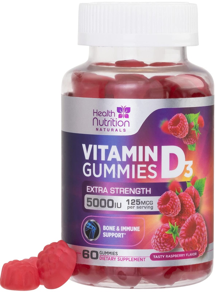 Vitamin D3 Gummies 5000 IU (125 mcg) - Triple Strength Bone and Immunication Supplement, Vitamin D Gummy Dietní dodatek, Nature 's Berry D Vitamin Supplement, Malinový ochucený, Non- GMO - 60 Gummies