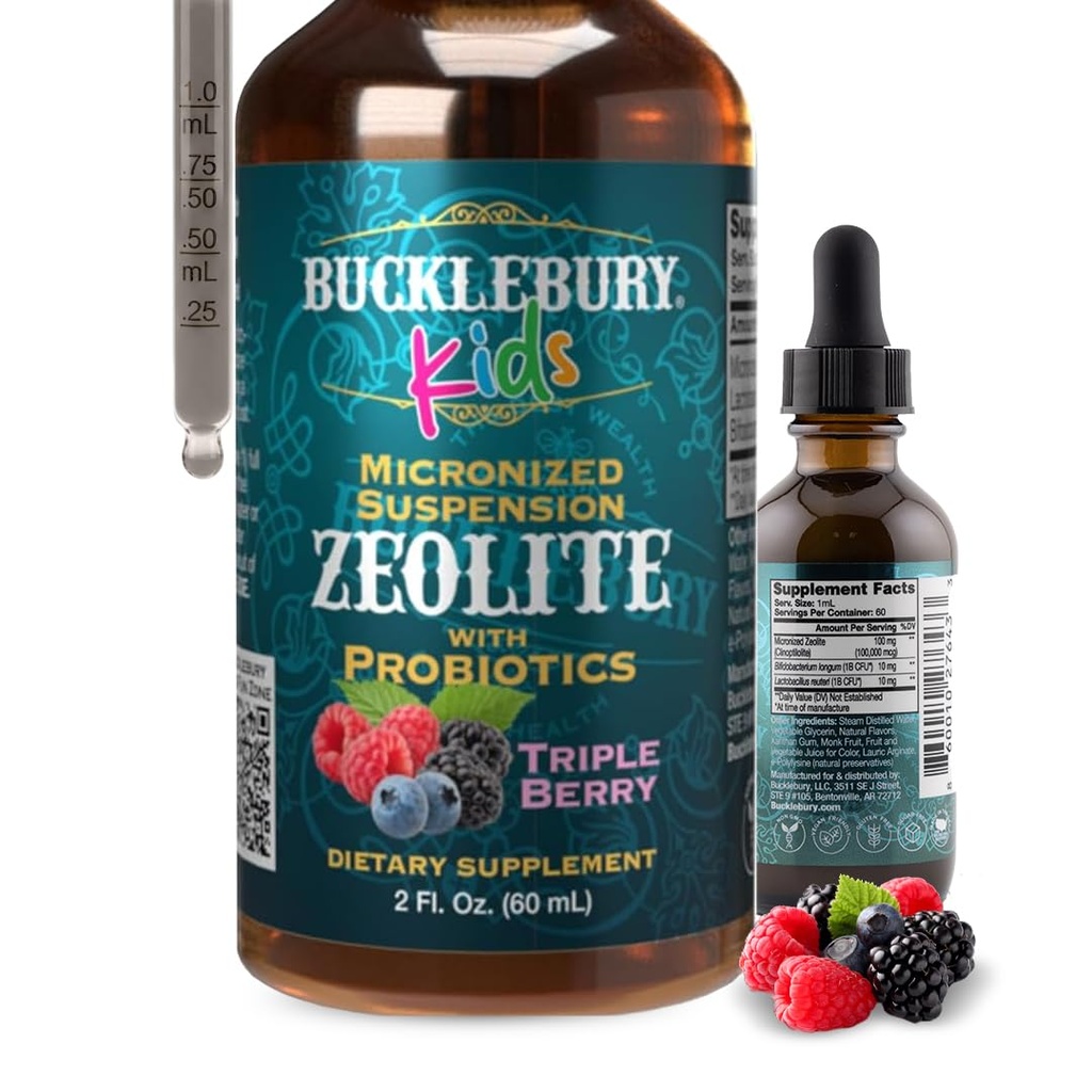 BuckLEBURY Liquid Zeolite Detox pro děti s probiotiky - Cukr zdarma přírodní Berry Flavour Probiotika pro děti - Zeolite Heavy Metal Detox a imunitní podpora - 2 Fl Oz