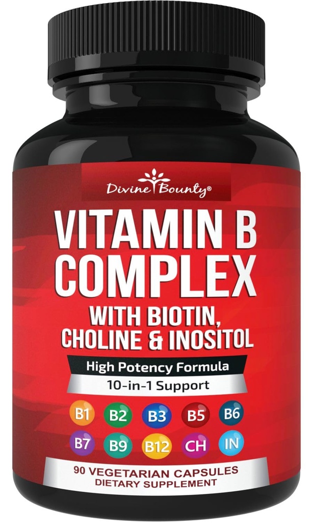 Divine Bounty Super B Complex Vitamíny - Všechny B vitaminy včetně B12, B1, B2, B3, B5, B6, B7, B9, kyselina listová - vitamín B dodatek - Podpora metabolismu zdravé energie - 90 Vegetariánských kapslí