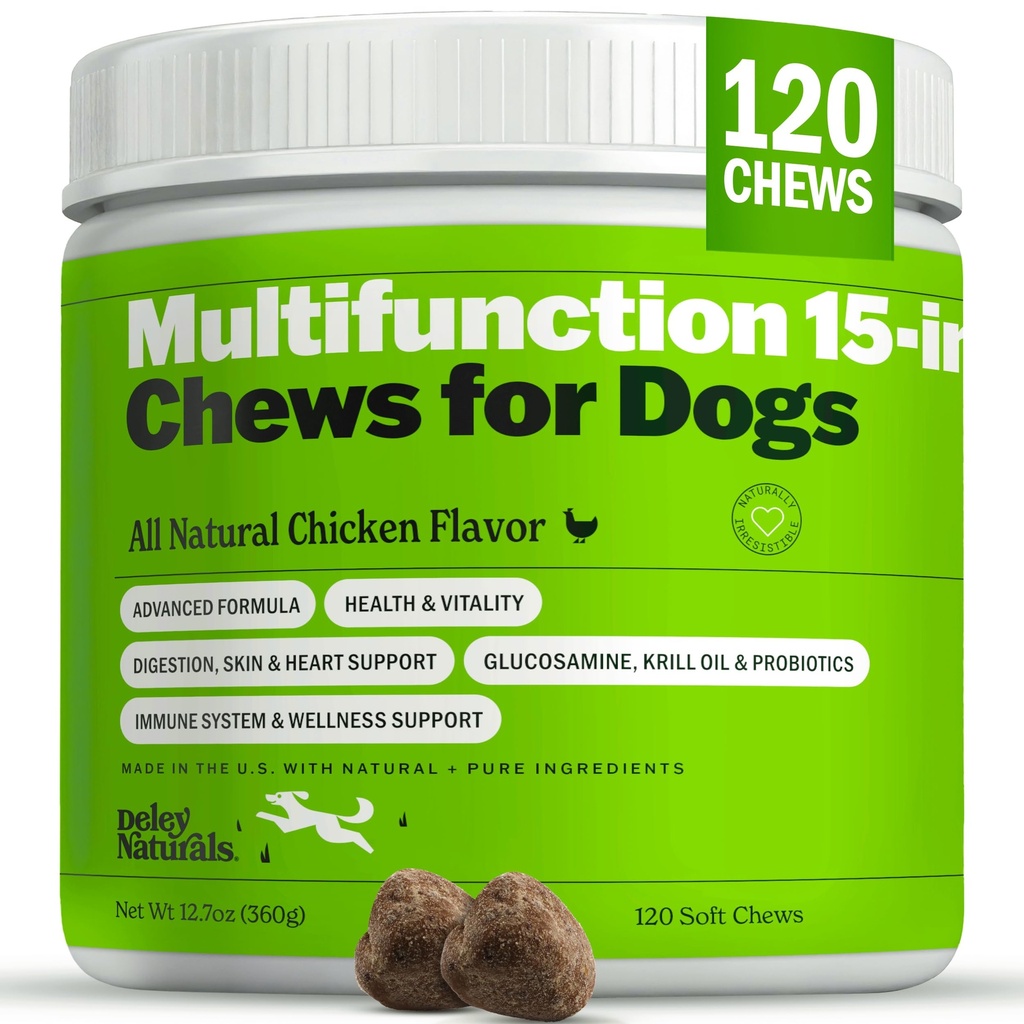 Deley Naturals 15 v 1 Multivitamin pro psy - Kompletní psí vitamíny a doplňky pro imunitní podporu, kloub, kůže, trávení, srdce a celkové zdraví - Denní multifunkční doplňky - 120 Žvýkačky