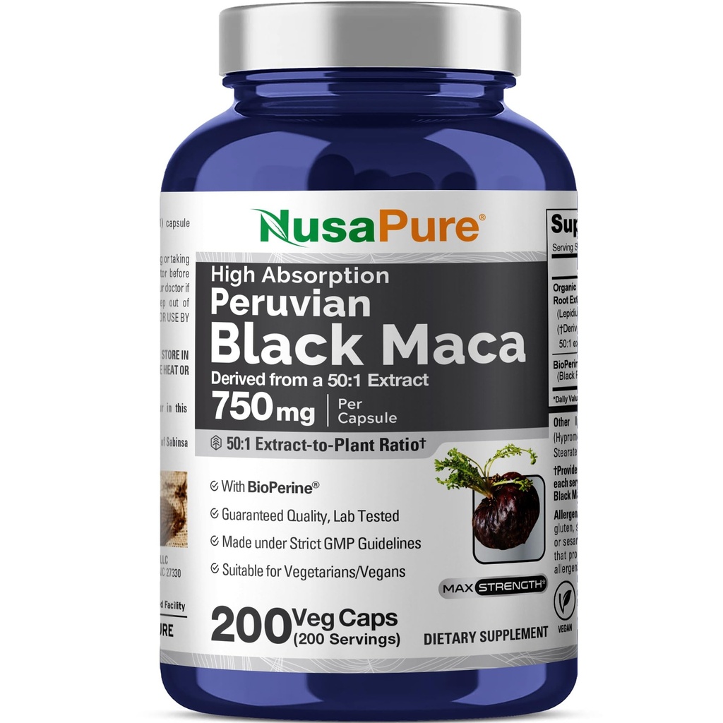 NusaPure Black Maca Root 50: 1 Extract, 750 mg Ekvivalentní s 37,500 mg Veggie Per Caps (Vegan, Non- GMO)
