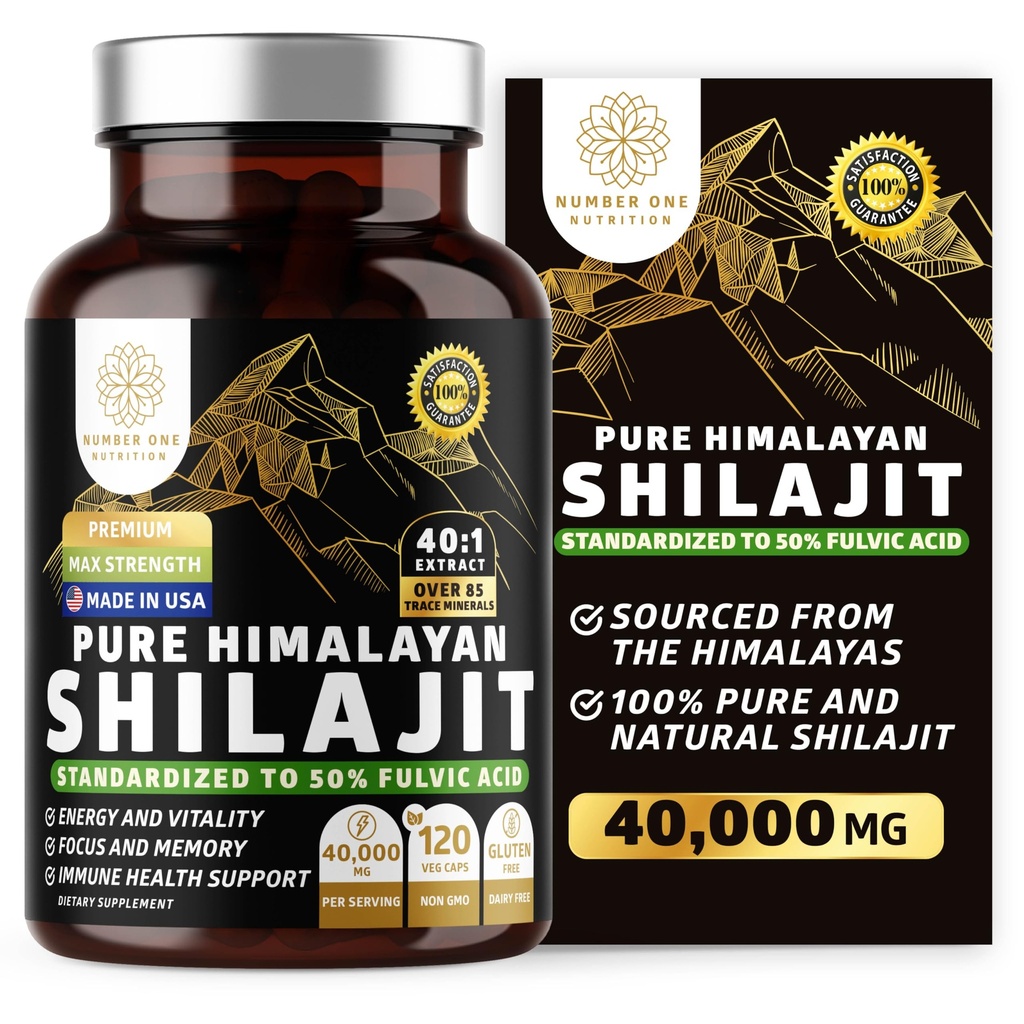 Čistý Himalájský Shilajit dodatek pro muže a ženy, [40,000MG, Max síla] Obsahuje 50% Fulvic kyselinu s více než 85 stopových minerálů na podporu energie, mozku a imunity, 120 Veg Caps