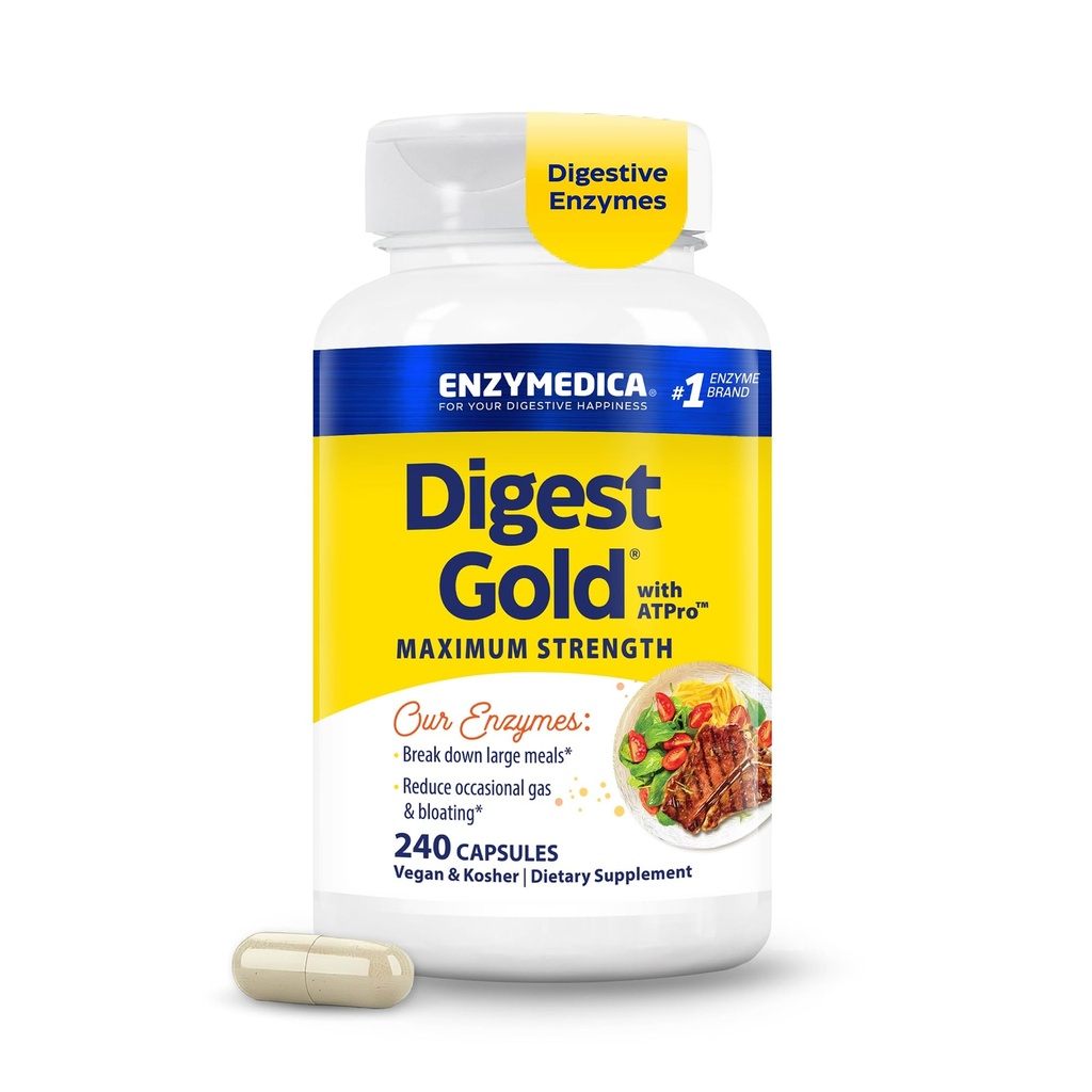 Enzymedica Digest Gold + ATPro, Maximální síla Enzyme Formule, Prevents Bloating and Gas, 14 Klíčové enzymy včetně Amylázy, Protézy, Lipázy a laktázy, 240 Kapsle