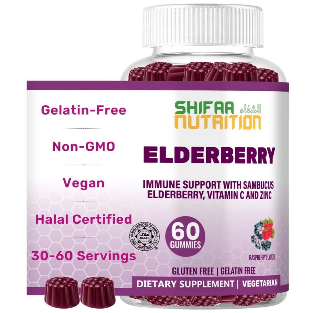 SHIFAA NUTRITION Vegan Black Sambucus Elderberry Gummies PHAR124; Non- GMO GAM124; 60 Gummies, 30 mg Elderberry, 90mg Vitamin C, 7.5mg Zinek PHAR124; Imunitní podpora, Antioxidant Flavonoids Halol Vitaminy