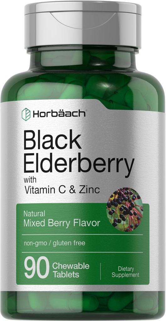 Horbaach Black Elderberry s vitaminem C a zinkem 124; 90 Žvýkací tablety 124; Smíšené Berry Flavor 124; Imunitní podpora komplex 124; Vegetariánské, Non- GMO, a gluten zdarma dodatek