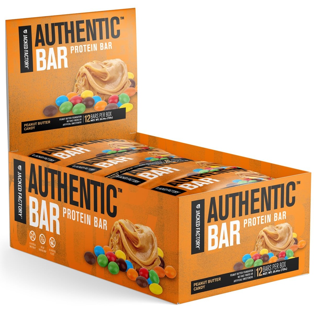 Jacked Factory Authentic Bar Peanut Butter Candy Protein Bars - Chutné Strava Náhrada energie Bary w / 16g Syrovátkový protein izolát, přírodní cukr z čistého medu, zdravé tuk - 12 Pack