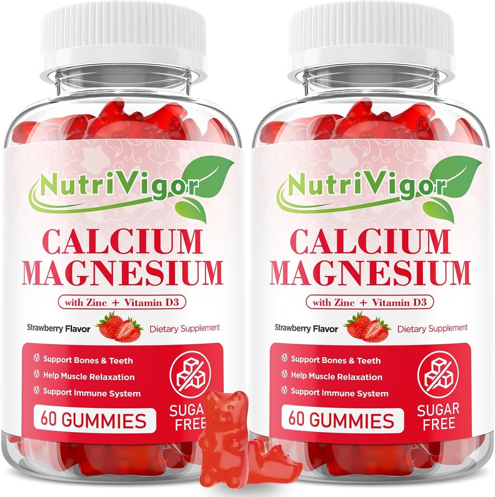 Vápník Magnesium Zinkové gumy s vysokou absorpcí Magnesium 300mg, Vápník dodatek s D3 pro kosti, Svaly a imunitní podpora pro děti a dospělé, Jahodové aroma, 120 Počet