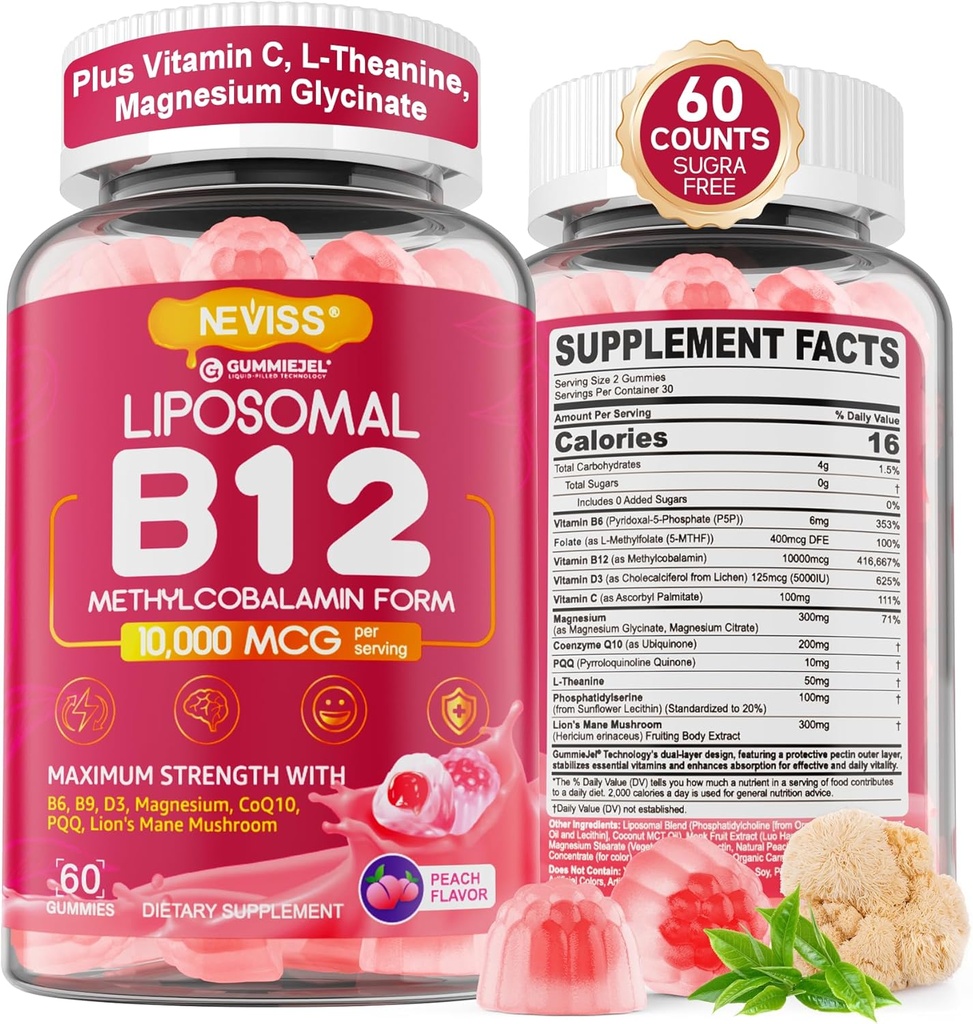 Methyl B12 Gummies 5000 mcg / 10000 mcg w / L- methylfolát, B6, Lví hříva, CoQ10, PQQ, Glycinát hořečnatý, extra síla Liposomální vitamin B12 komplex pro energii, zaměření, mozek & imunita 1Pack
