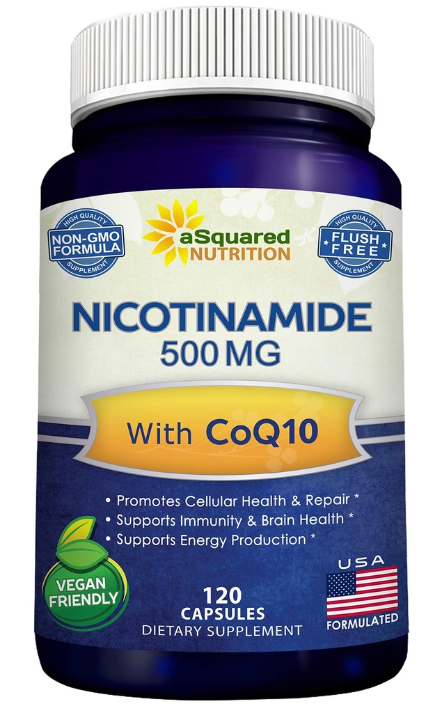 Nikotinamid s CoQ10 (120 kapslí) - Vitamin B3 500mg (Niacinamid Flush Free) - Koenzym Q10 Powder - VIT B-3 & Coq 10 Doplněk pilulky na podporu energie, NAD, & Skin Cell Health