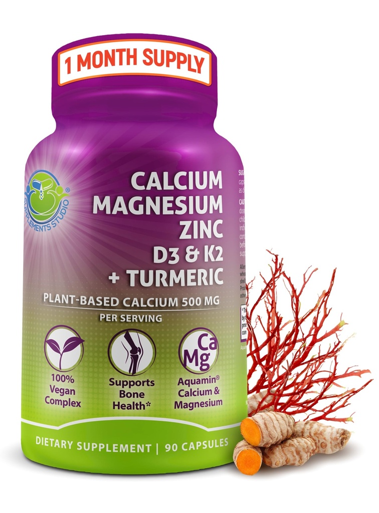 Plant- based Calcium 500 mg (Aquamin) - Veganský hořčík zink D3 s vitamínem K2 & Organic Turmeric - Enhanced Bone and Muscle Health & Strength, Imunitní podpora žen a mužů - 90 Počet