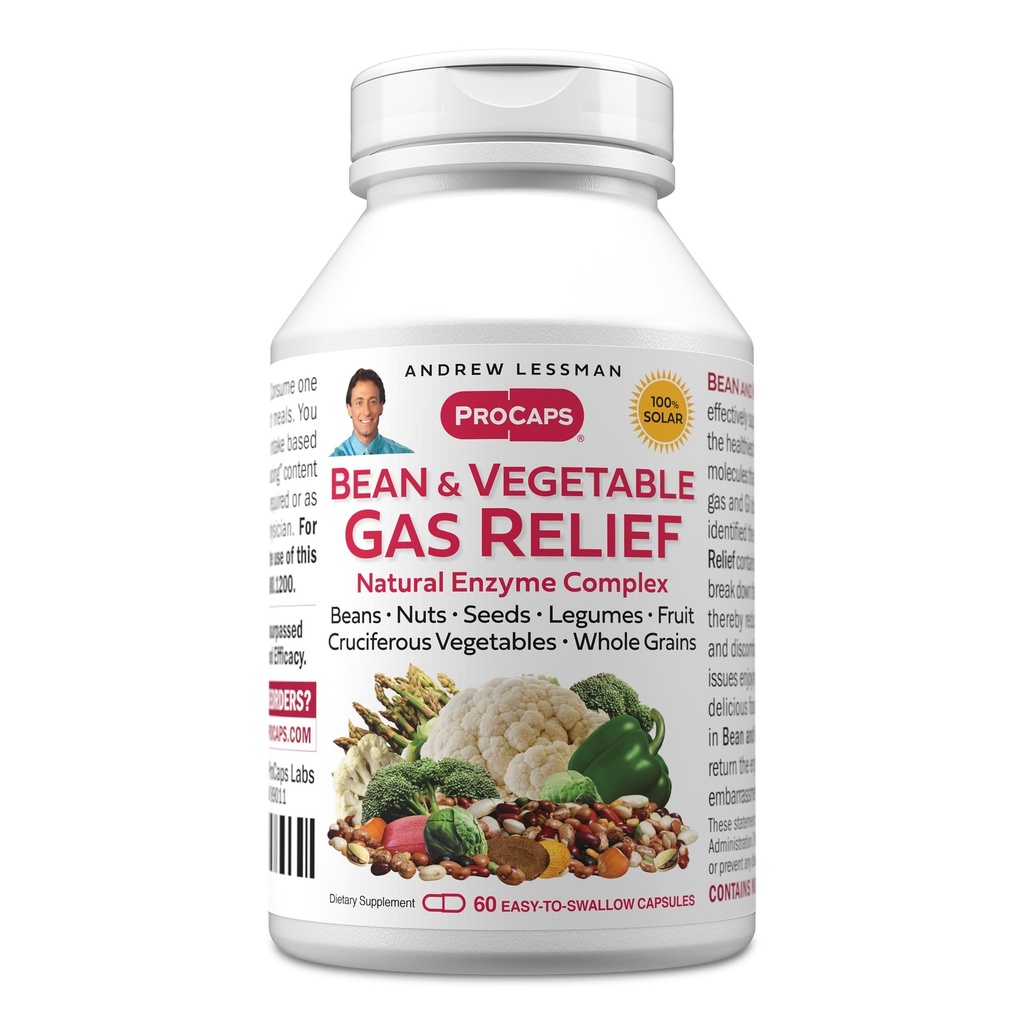ANDREW LESSMAN Bean a Zeleninový plyn Relief 60 Kapsle - Přírodní enzym Komplex snižuje plyn, Natural Enzyme Bloating from Beans, Cruciegue Zelenina, Ovoce, Zrna a jiné potraviny. Jemné a efektivní