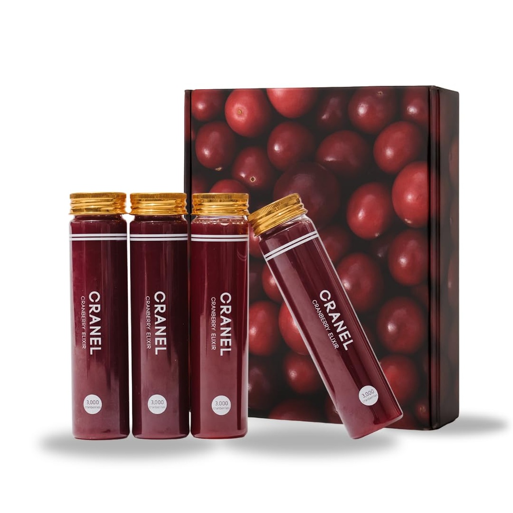 CRANEL UTI Support Cranberry Elixir, 4X Lahvičky (Měsíční dodávky) Klinicky-osvědčené & Antibiotický-Free, Baleno s 3000 Real Cranberry (Tart Chuť) Vegan & Non- GMO, Nulový přidaný cukr