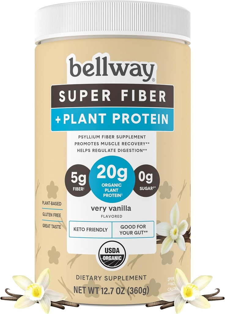 Bellway Super Fiber + Protein Powder, Sugar- Free Organic Psylium Husk Fiber Supplement Powder with 20g Plant Protein Per Serving, Very Vanilla, 12.7 oz