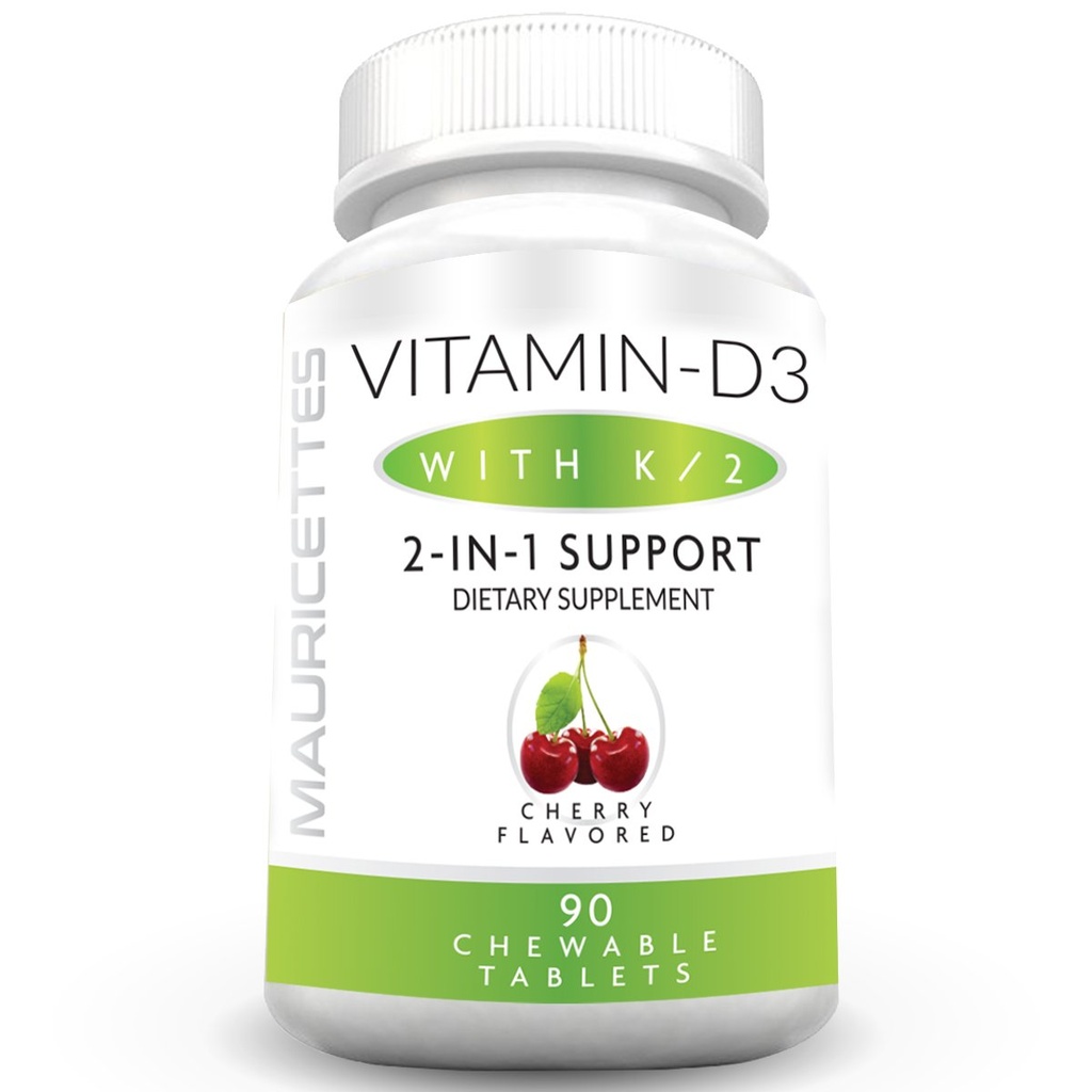 Mauricets Chewable Vitamin D3 s K2 - 2-in-1 Kostní a srdeční podpora zdraví - Imunitní Booster - Přírodní třešňový Flavor - 90 Tablety pro dospělé a děti