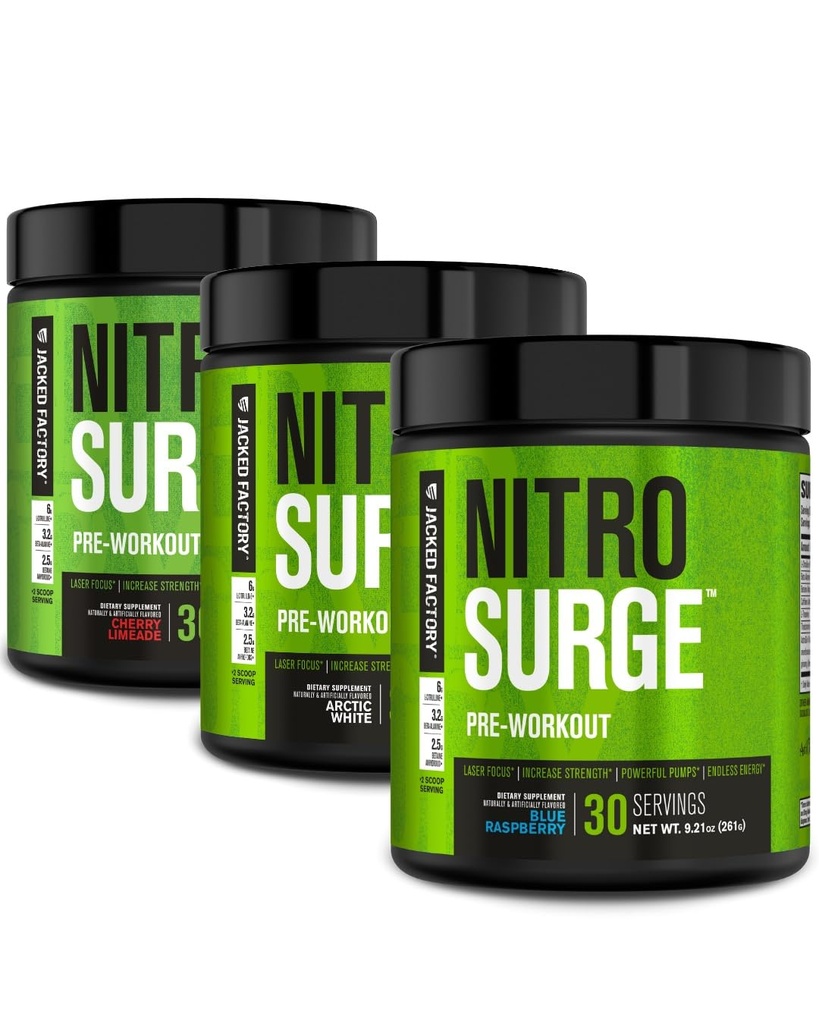 Jacked Factory NITROSURGE Pre Workout Dodatek - Nekonečná energie, Instant Strength Gains, Clear Focus, Intenzivní čerpadlo 124; Cherry Limeade, Blue Raspberry, Arctic White (90 Služeb)