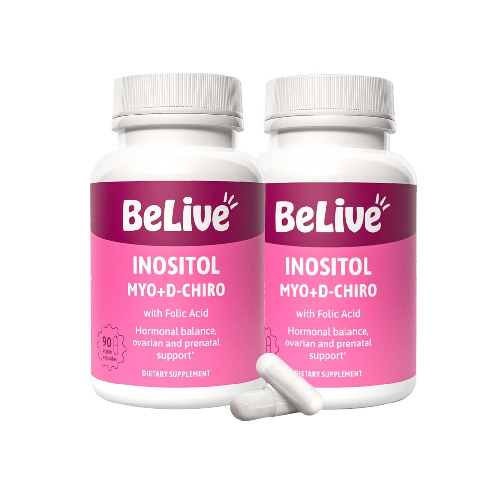 BeLive Myo- Inositol & D- Chiro Inositol dodatek - 2 Pack - 90 Kapsle Každý - 40: 1 Poměr s kyselinou listovou pro ženy