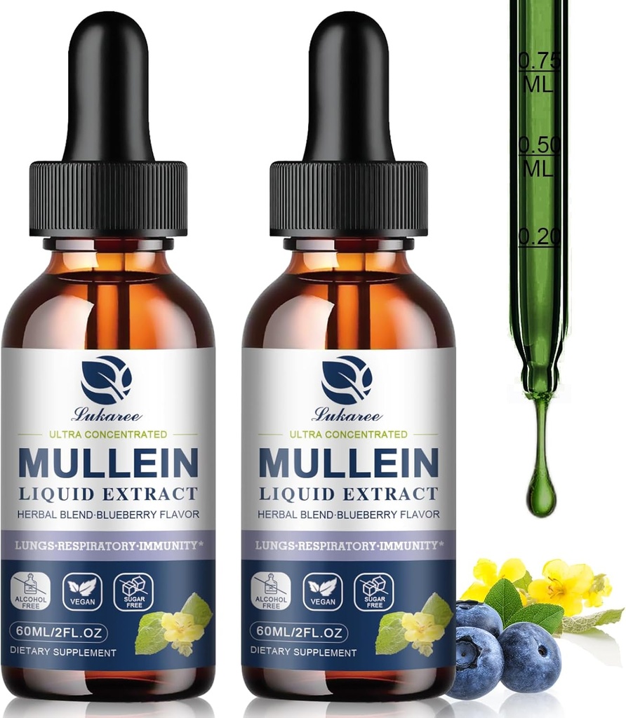 Mullein Drops for Lungs, Lung Detox & Cleanse, Vegan Mullein Leaf Extract tinktura s chlorofyl Elderberry, atd, přírodní bylinný dodatek pro dýchací, imunitní, 60 Služeb