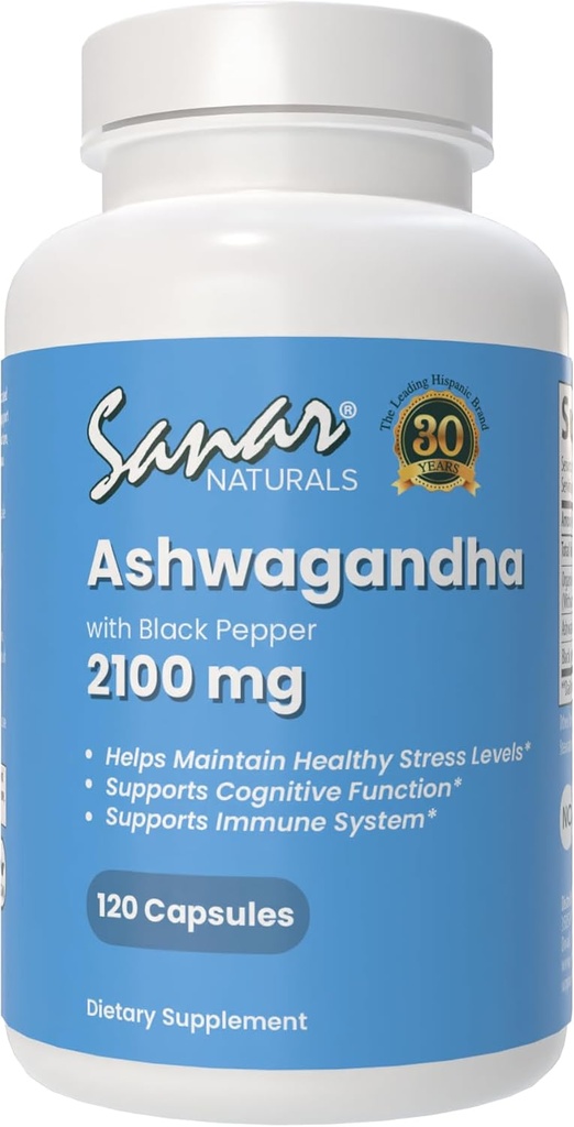 Sanar Naturals Ashwagandha 2,100 mg - Dodatek pro podporu stresu a nálady - Promotes Focus and Setrvalá energie, Ashwaghanda Powder and Root Extract Blend with Black Pepper - Non- GMO, 120 Kapsle