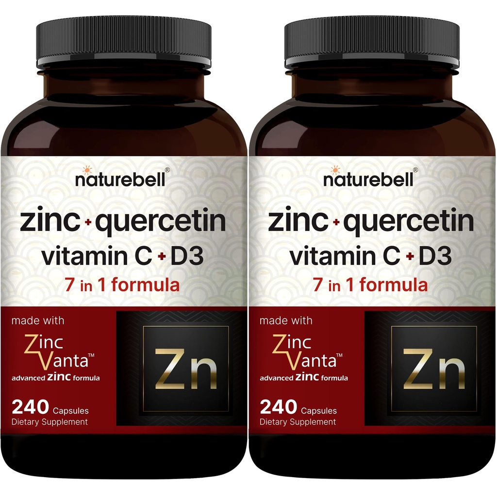 NatureBell Zinek Quercetin s vitaminem C & D3, 480 Kapsle (2 balení) 1 000 mg + Zinek 50 mg + Vitamin C 250 mg + Vitamin D3 5 000 IU Vitamin 124; 4- in-1 Advanced Immunication & Lung Support Factory 124; ZincVanta Formule