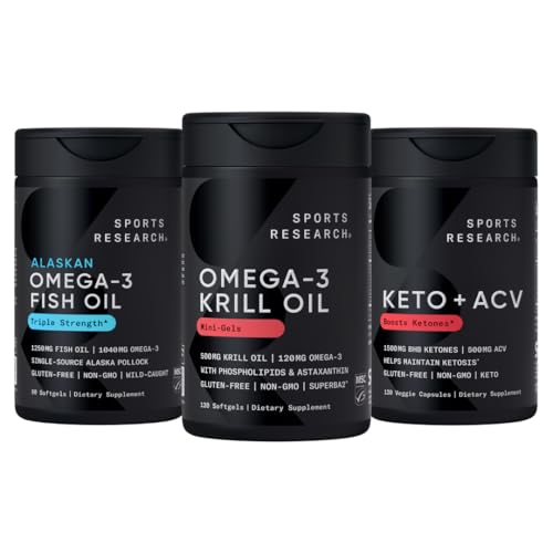Sports Research Triple Strength Omega33 Fish Oil, Antarktický krilový olej + fosfolipidy, Choline & Astaxanthin Mini- Softgels, Keto Plus ACV 500mg jablečného octa a 1500mg goBHB Exogenous Ketones