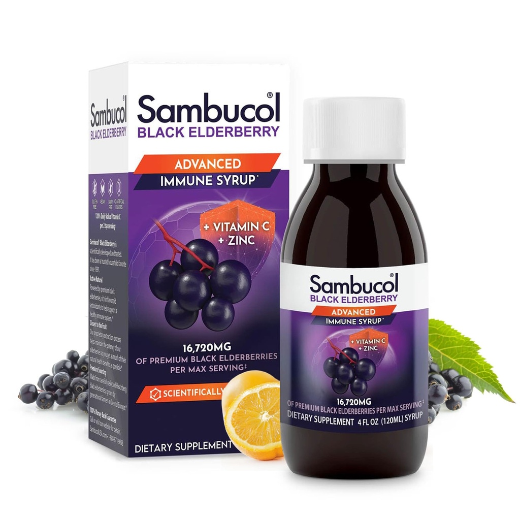 Sambucol Advanced Black Elderberry Sirup - Elderberry se zinkem a vitamínem C pro dospělé, Sambucus Elderberry Sirup, Elderberry Liquid - 4 Fl Oz