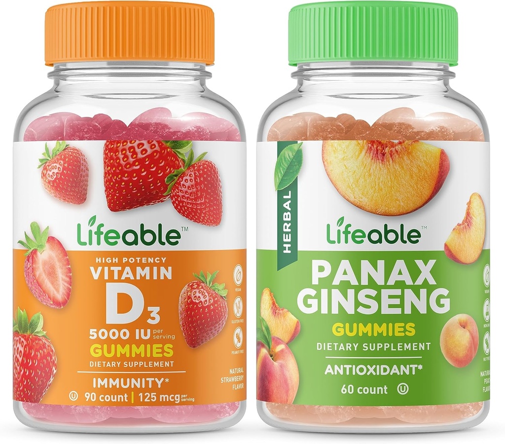Živý vitamin D 5000 IU + Panax Ginseng, Gummies Bundle - Velký přípitek, dodatek k vitamínu, gluten zdarma, GMO zdarma, Žvýkací žlab