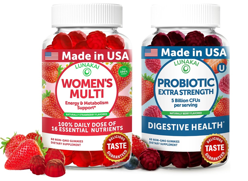 Lunakai USA Made Womens Multivitamin & Probiotické gumy Bundle - 16 Multi Vitamíny & Probiotic pro podporu příjmu potravy - 60ct Každý