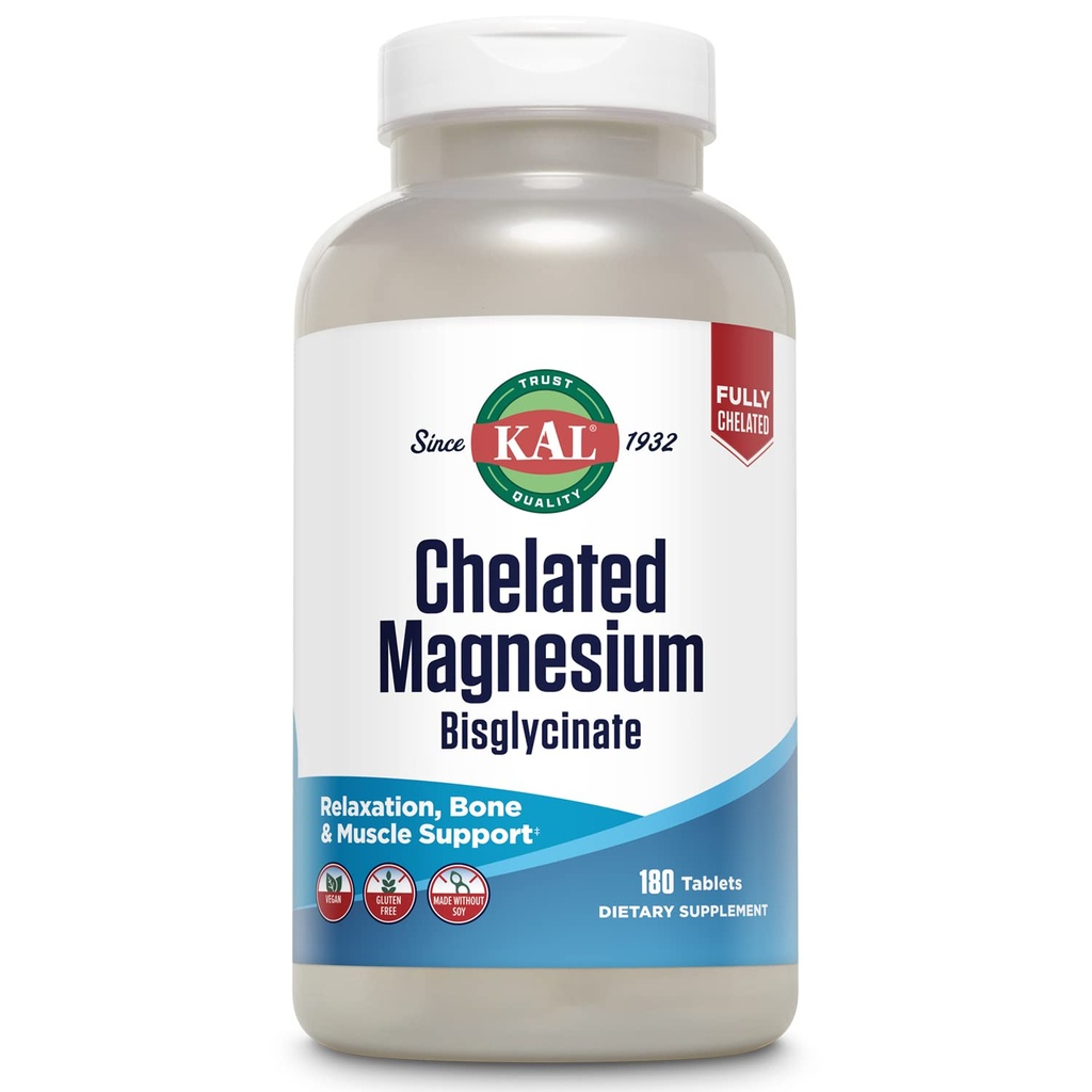 KAL Chelated Magnesium Bisglycinate, Magnesium Supplemente for Relaxation, Bone Health, Nerve & Muscle Function Support *, High Absorption, Gentle Digestion, Vegan, Gluten Free, 60 Servings, 180 Tablet