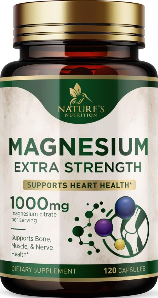 Hořčík Minerální dodatek 1000 mg - High potency Magnesium Citrát pro kosti, Zdraví srdce, Nervy & Muscle Support, Přírodní komplex hořčíku pro podporu celého těla, Lahvička v USA - 120 Kapsle