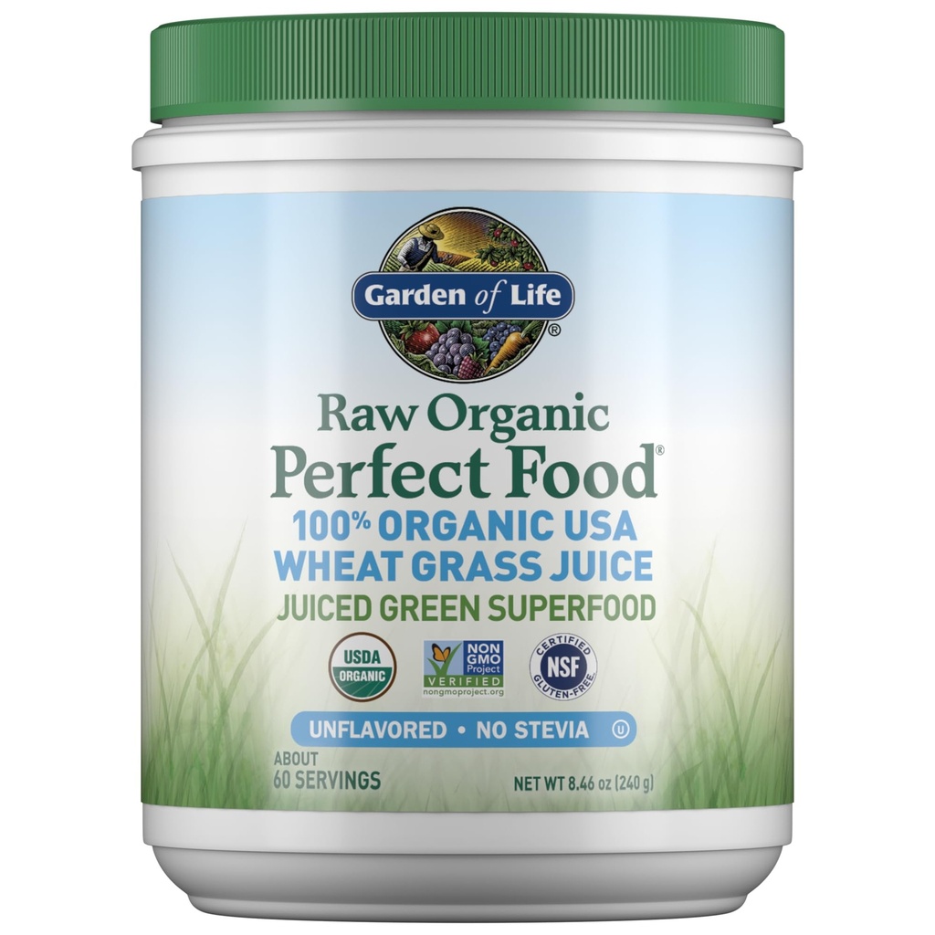 Zahrada života Raw Organic Perfect Food 100% Organic USA Wheat Grass Juice - šťavnaté zelené Superfood Green Powder, 60 Servings - Stevia-Free, Non- GMO, Vegan, gluten Free All Food Dieter Dodatek