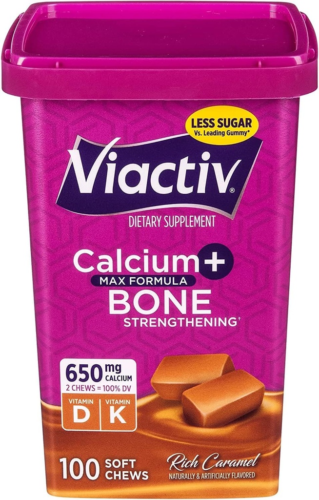 Viactiv Max Formule vápník + vitamín D3 dodatek pro zdraví kostí, bohatý karamel, 100 měkkých žvýkaček - 6 Pack