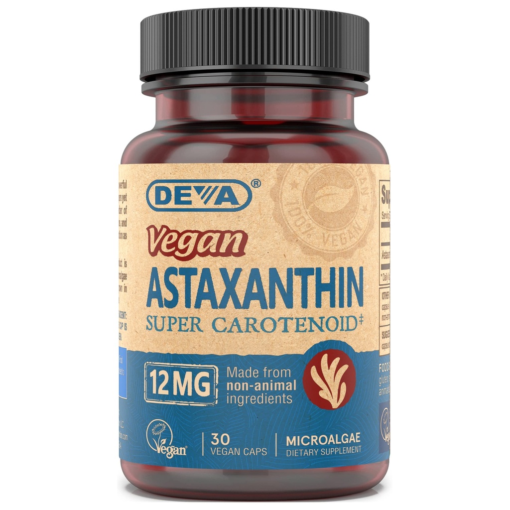 DEVA Nutriční vitaminy Astaxanthin 12 mg, Vegan, Vyrobeno z Hematococcus Pluvialis Mikrořasy, 30 Kapsle, 1- balení