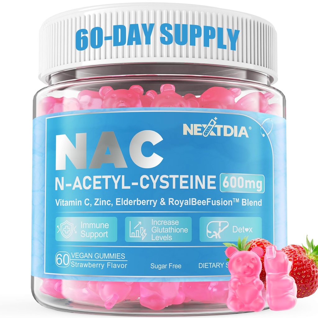 Nextdia NAC Gummies for Kids & Dospělí, Žvýkací N- Acetyl Cysteine dodatek 600mg / vitamín C, zinek, bezinky pro antioxidanty a imunitní podporu, Lung & Játra zdraví, bez cukru, 120 Ct