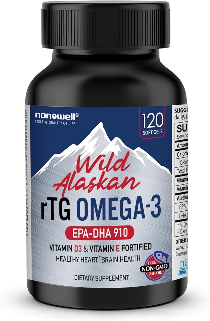 NANOWELL Wild Alaskan rTG Omega33 Fish Oil 1196mg - EPA, DHA, Vitamin D3 & E - 120 Softgels, 60 Day Supply