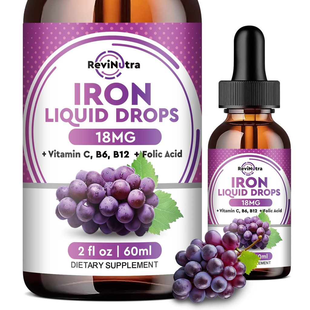 Liquid Iron Dodatek pro ženy, muži a děti - Liquid Iron Kapky s folátem, Vitamin C, B6, B12 pro anemii, Red Blood Cell, Energy Support - Grape Flavor, 2 Fl Oz