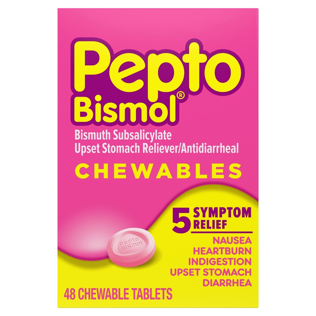 Pepto Bismol Chewable Tablety pro Nausea, Heartburn, Nežití, Upset Stomach, a Průjem - 5 Symptom Fast Relief, Original Flavor, 48 ct