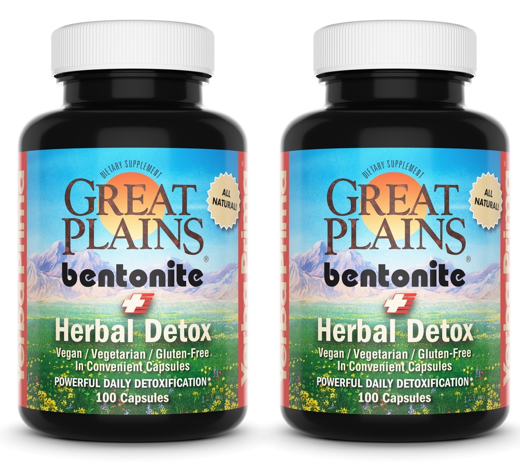 Yerba Prima Great Plains Bentonit Clay Caps Plus Bylinné Detox (Balení po 2) - Potravinová třída - Játra & Colon Cleanse Dodatek Kapsle