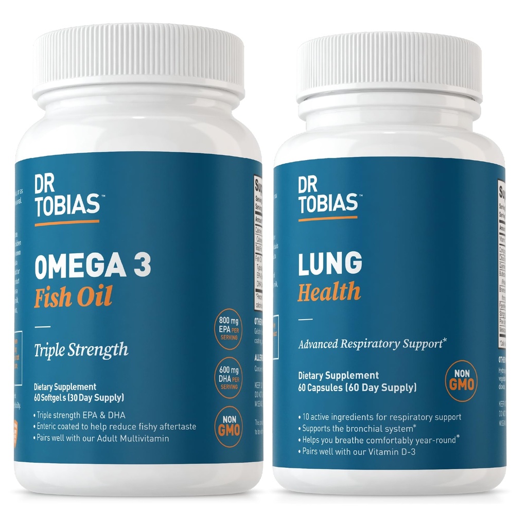 Dr. Tobias Omega 3 Rybí olej & Lung Zdravotní doplňky pro srdce, Brain & Imunitní podpora, Vyčištění plic & Detox Formule pro Bronchial & Respirační systém, 60 Kapsle
